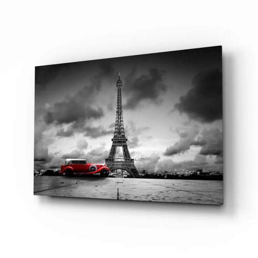 Black-and-white Eiffel Tower canvas wall art with red vintage car