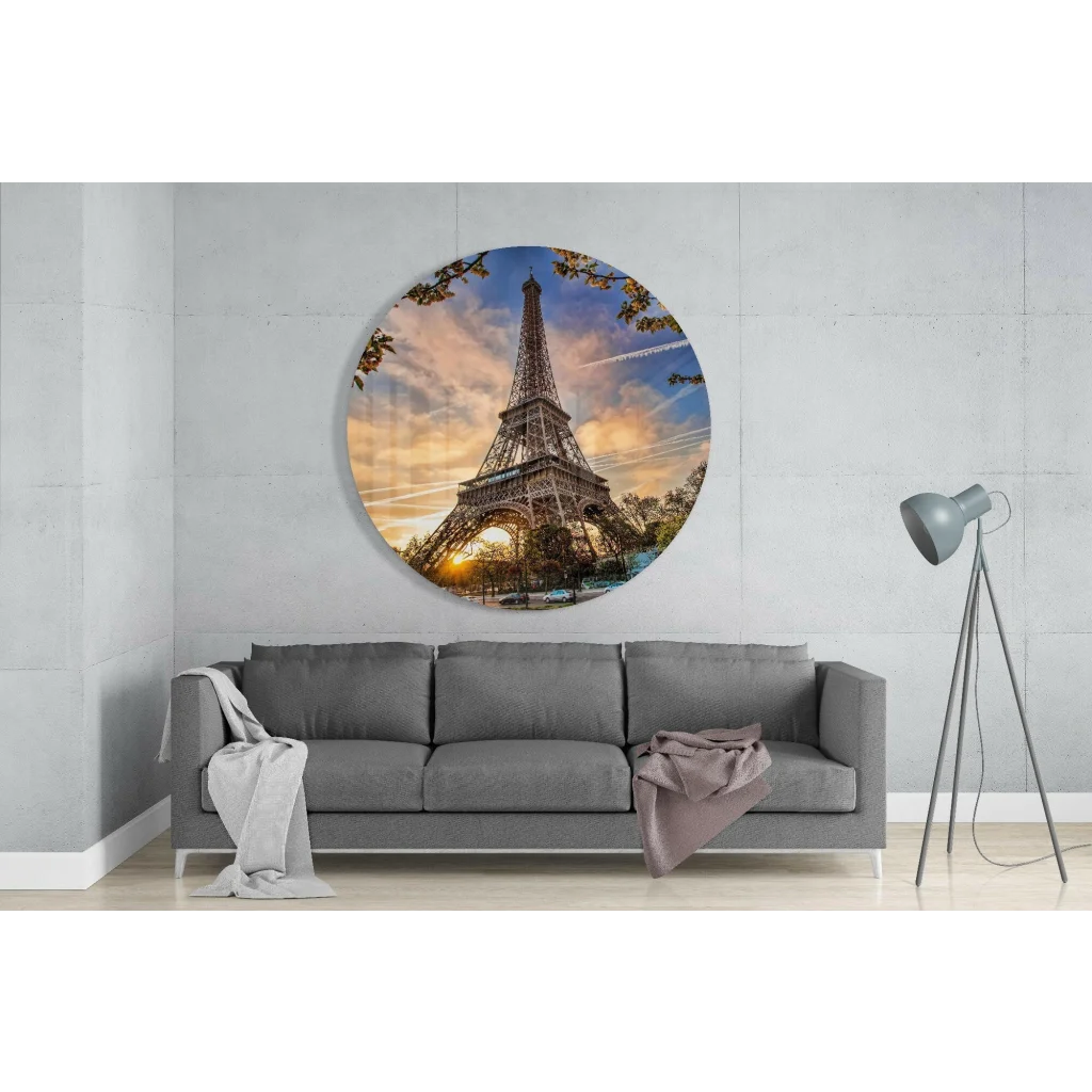 Eiffel Tower sunset tempered glass art with blossoms