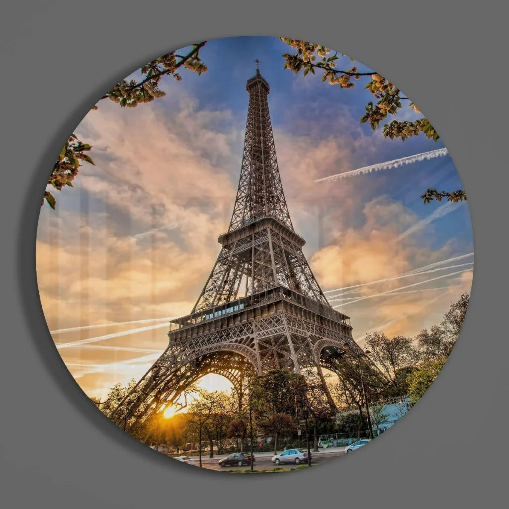 Eiffel Tower sunset tempered glass art framed by blossoms