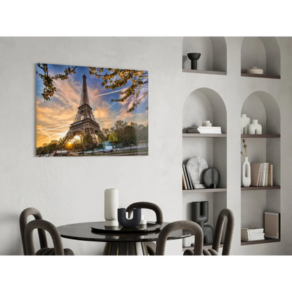Eiffel Tower sunset glass wall art with golden branches