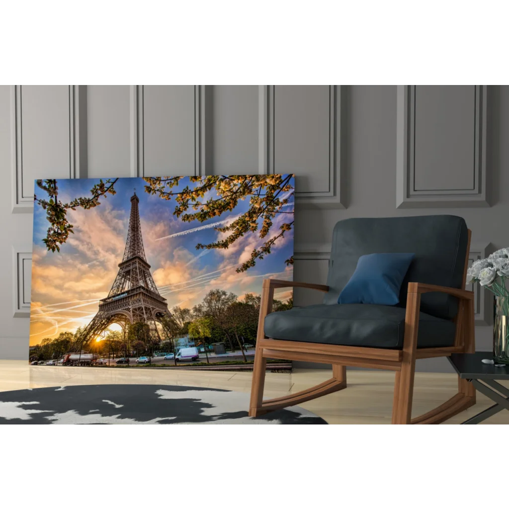 Eiffel Tower sunset canvas wall art with golden branches