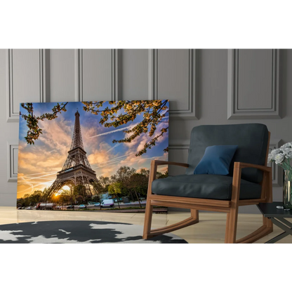 Eiffel Tower sunset canvas wall art with golden branches