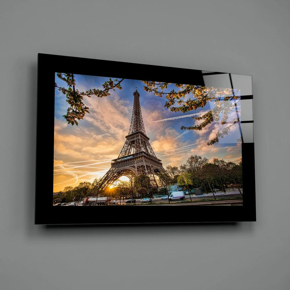 Vibrant Eiffel Tower sunset glass wall art with cherry blossoms