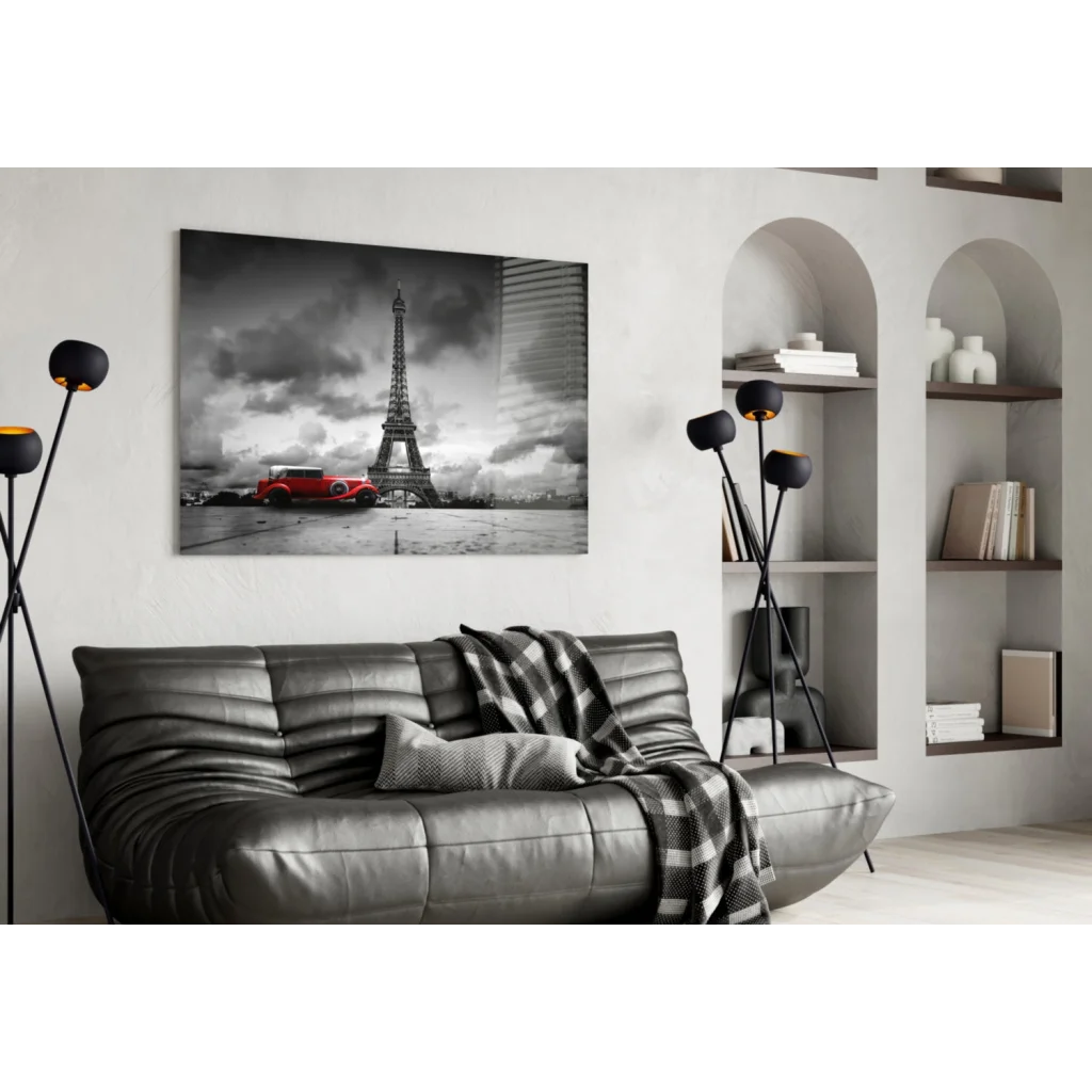 Paris Eiffel Tower with red vintage car black-and-white wall art print