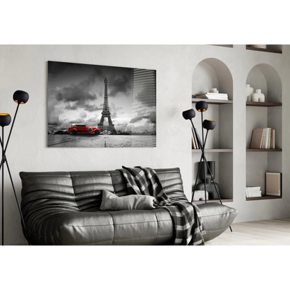 Paris Eiffel Tower with red vintage car black-and-white wall art print