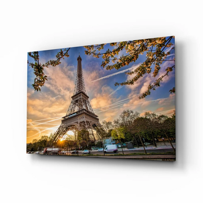 Eiffel Tower sunset canvas wall art with golden branches