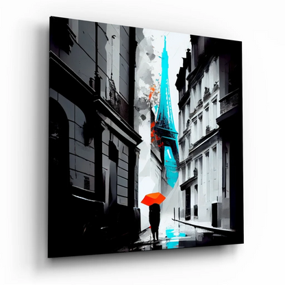 Vibrant Eiffel Tower tempered glass art with teal and orange accents