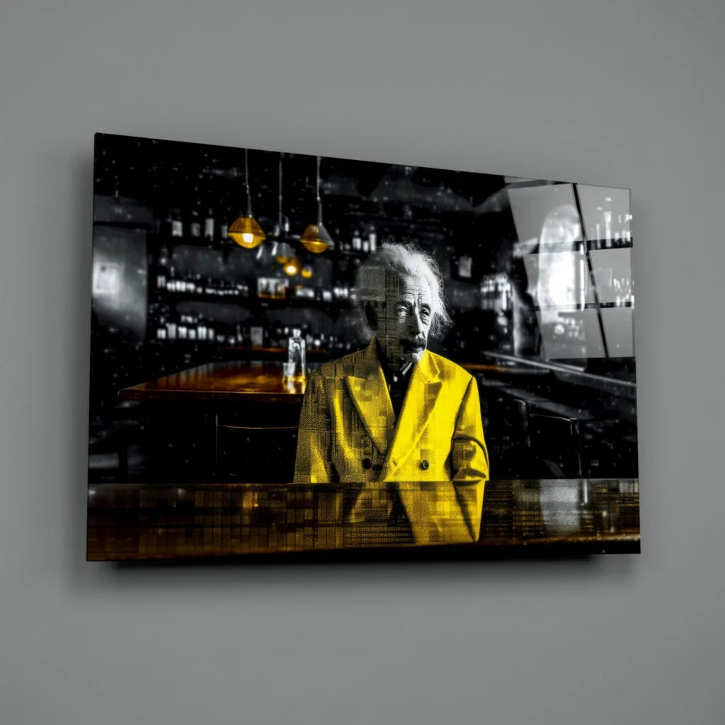 Einstein Yellow Coat Glass Wall Art Canvas Print | Glass Wall Art Print | vintageantiquesgifts.com