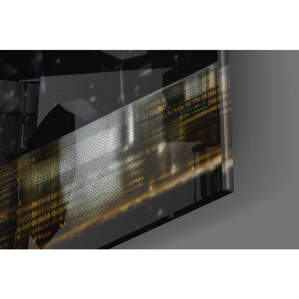 Sleek monitor with glossy black frame displaying Einstein Yellow Coat glass wall art