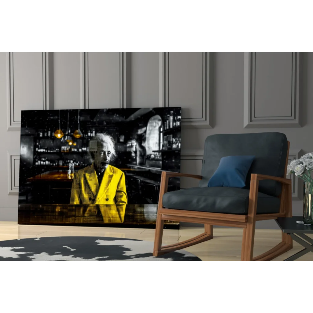 Albert Einstein in vibrant yellow coat, glass wall art canvas print
