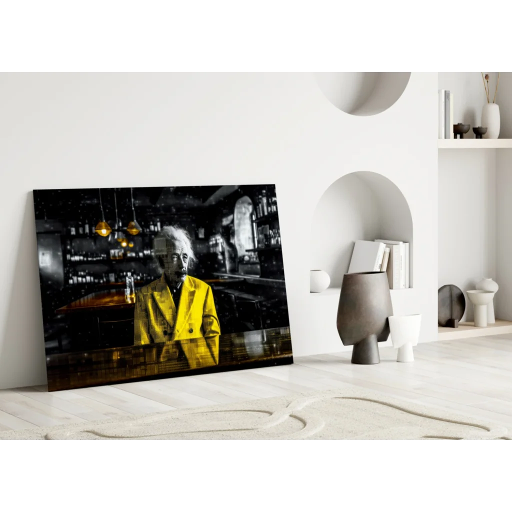 Einstein Yellow Coat Glass Wall Art Canvas Print | Modern Wall Art Decor | vintageantiquesgifts.com