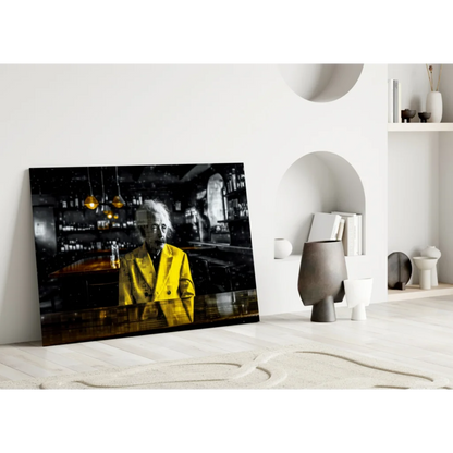 Einstein Yellow Coat Glass Wall Art Canvas Print | Modern Wall Art Decor | vintageantiquesgifts.com
