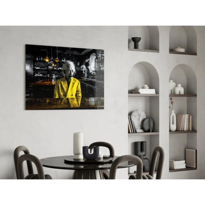 Vibrant yellow coat in Einstein black-and-white photo as glass wall art