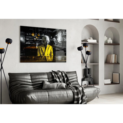 Einstein Yellow Coat Glass Wall Art Canvas Print | Contemporary Home Wall Art | vintageantiquesgifts.com