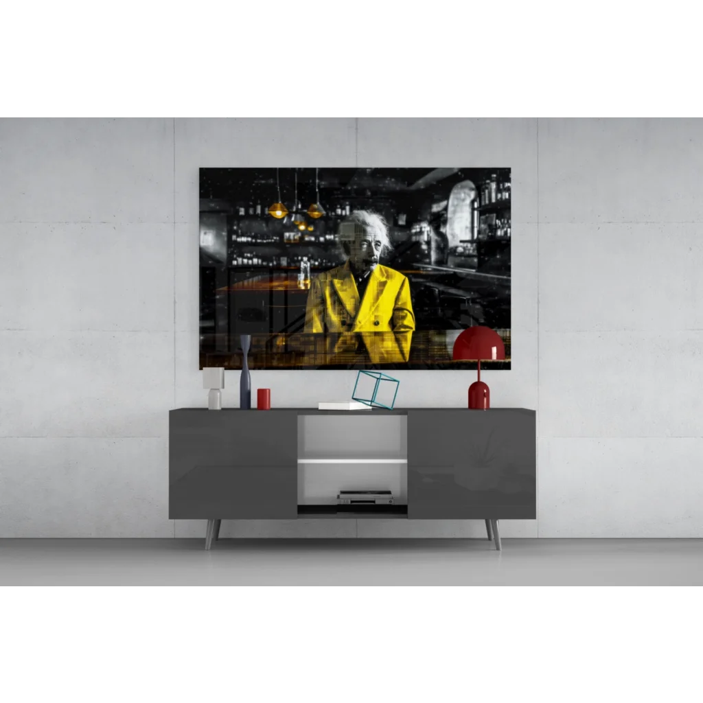 Vibrant yellow coat in Einstein glass wall art canvas print