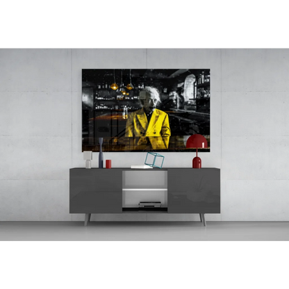 Vibrant yellow coat in Einstein glass wall art canvas print