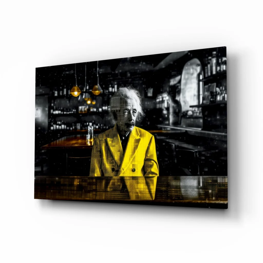 Einstein Yellow Coat Glass Wall Art Canvas Print | Insigneart USA | vintageantiquesgifts.com