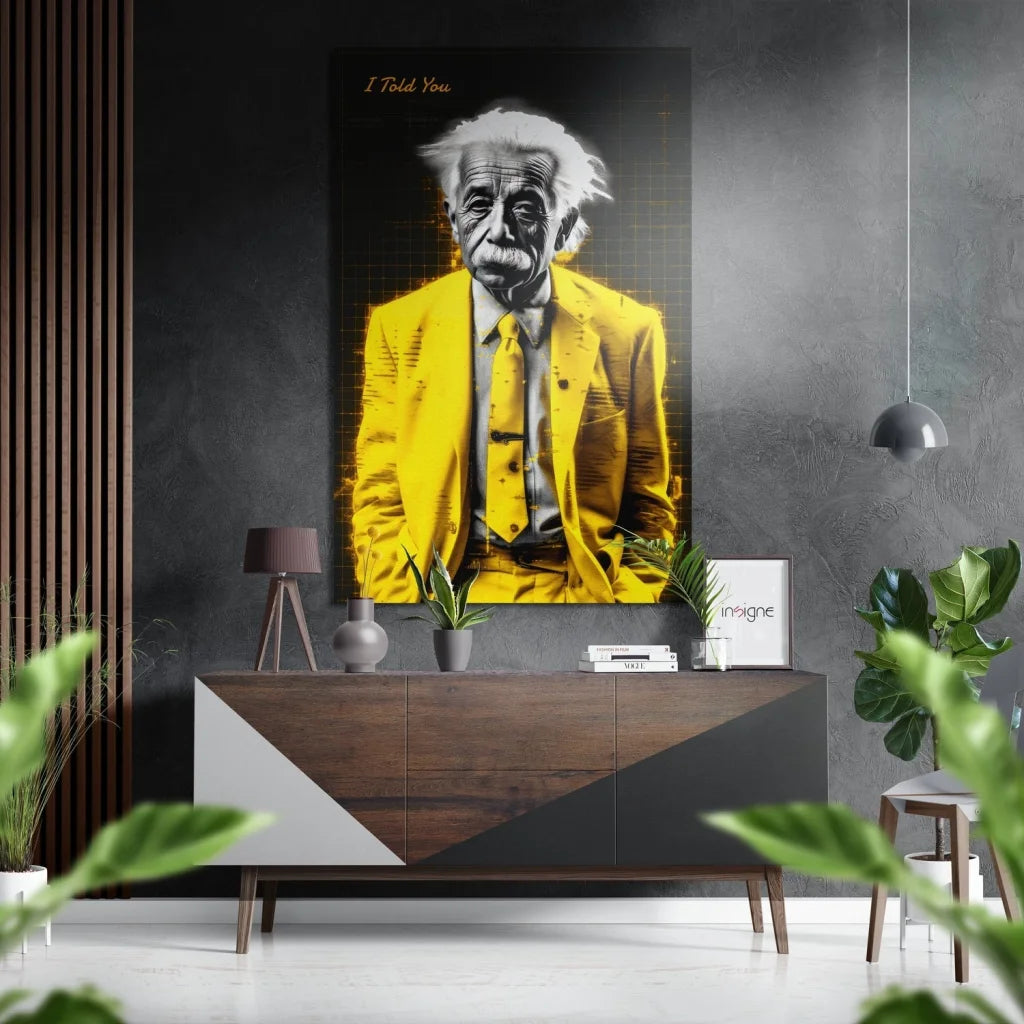 Yellow suit Albert Einstein poster on brushed aluminium dibond wall art