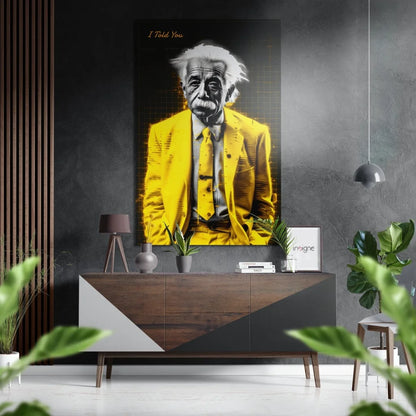Yellow suit Albert Einstein poster on brushed aluminium dibond wall art