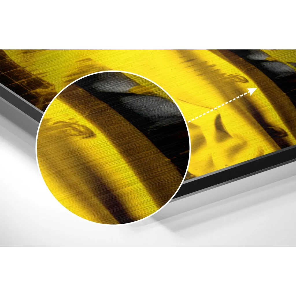 Yellow black striped skateboard deck on brushed aluminium dibond wall art