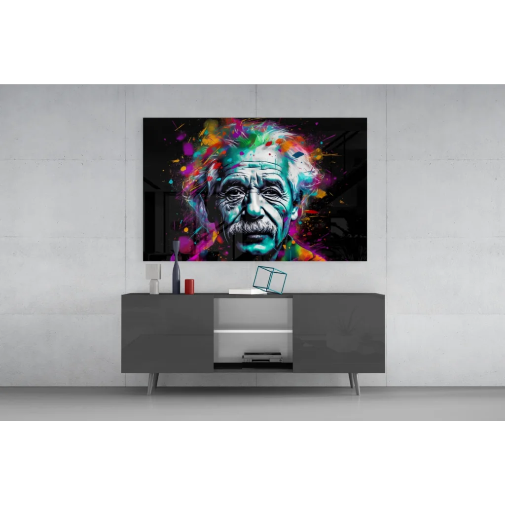Vibrant Einstein genius glass wall art with colorful paint splash portrait