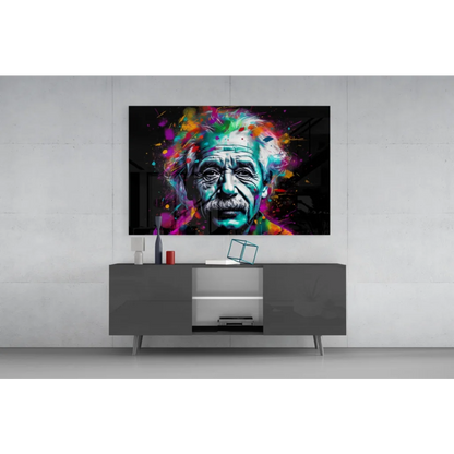 Vibrant Einstein genius glass wall art with colorful paint splash portrait