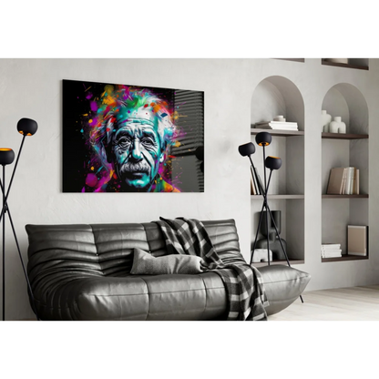Vibrant abstract Einstein glass wall art with colorful paint splatters