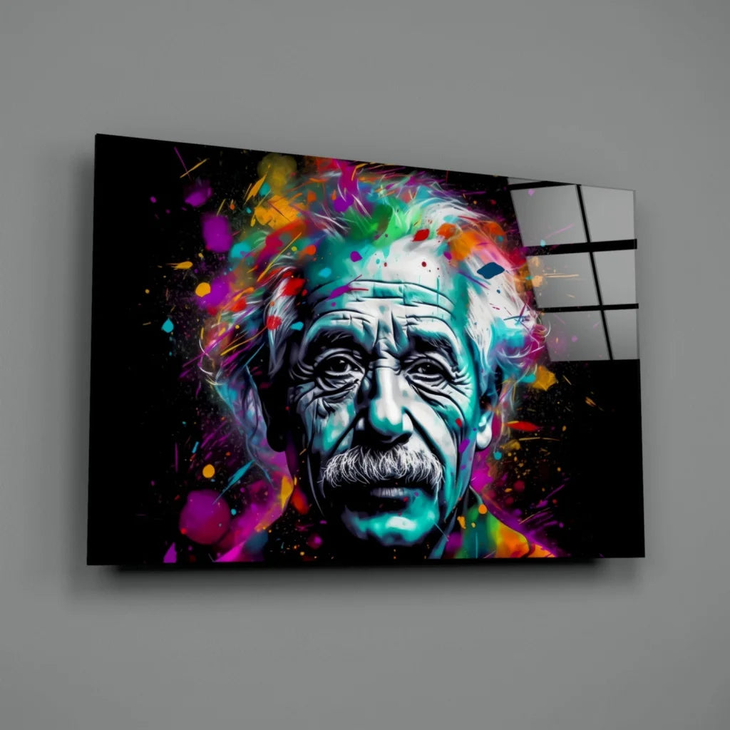 Vibrant Einstein glass wall art with colorful paint splatters on black canvas