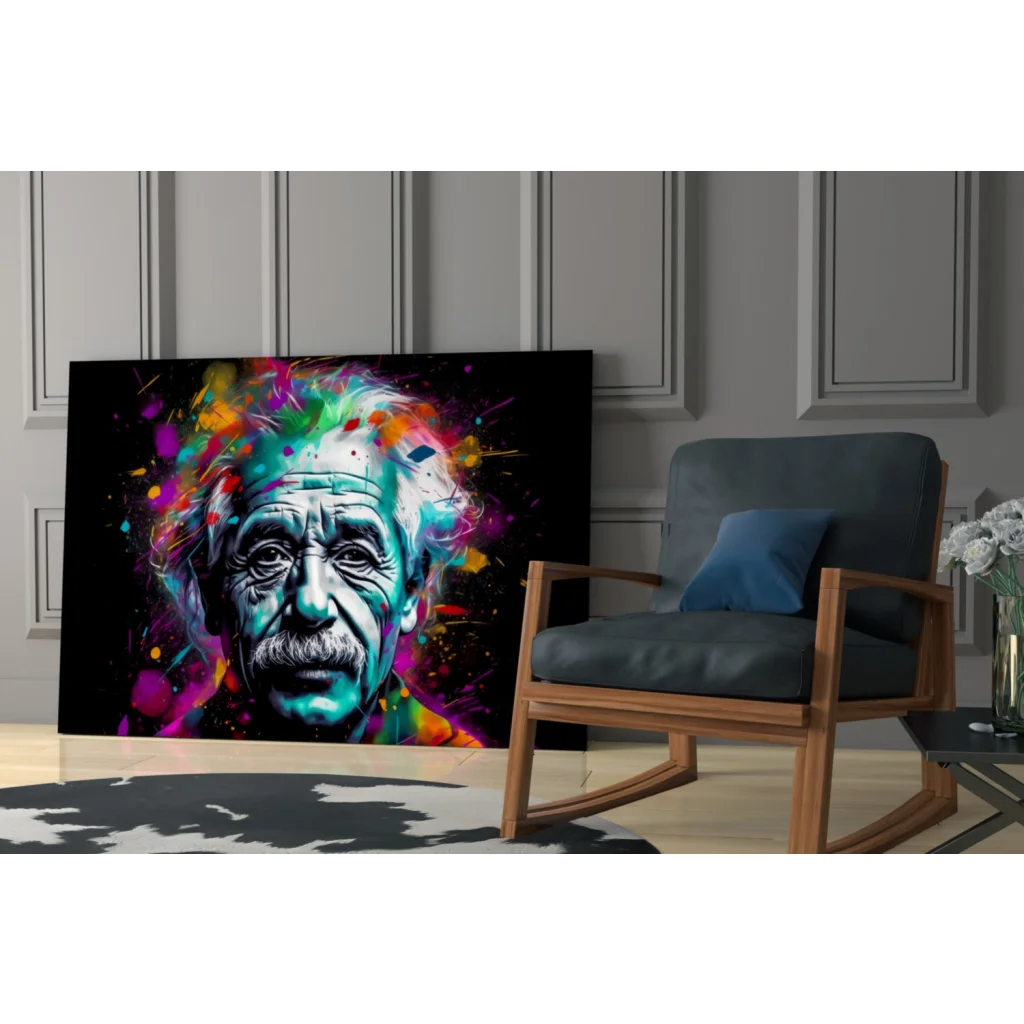 Vibrant Einstein abstract glass wall art with rainbow paint splashes on black