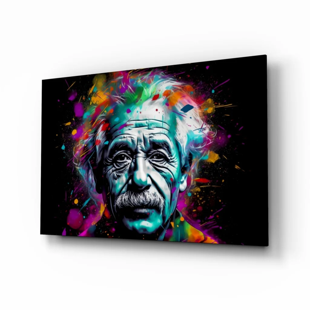 Vibrant Einstein glass wall art with abstract paint splash portrait