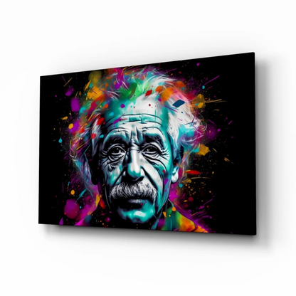 Vibrant Einstein glass wall art with abstract paint splash portrait