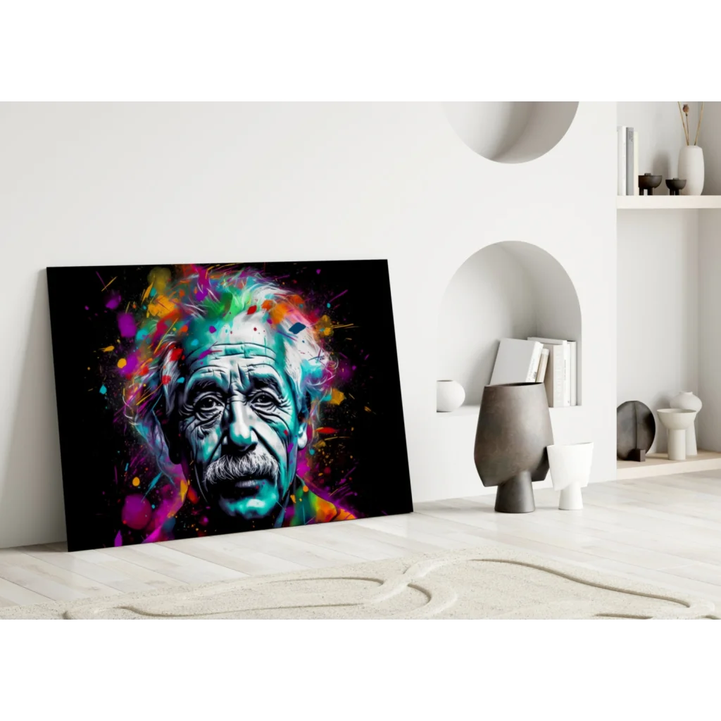 Vibrant Einstein glass wall art with colorful paint splatters on black canvas
