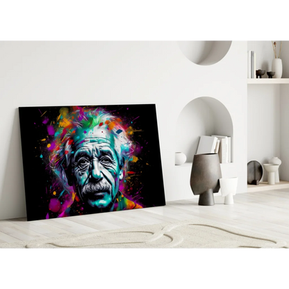 Vibrant Einstein glass wall art with colorful paint splatters on black canvas
