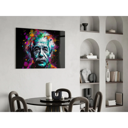 Vibrant Einstein glass wall art with rainbow paint splashes