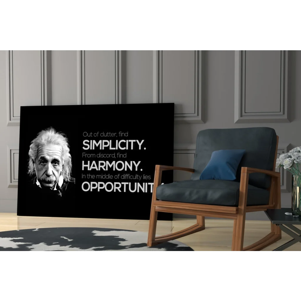 Black canvas wall art of Einstein portrait with simplicity quote