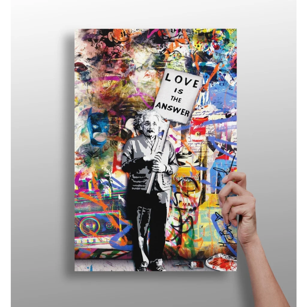 Vibrant Einstein graffiti canvas print with love is the answer sign