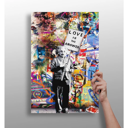 Vibrant Einstein graffiti canvas print with love is the answer sign