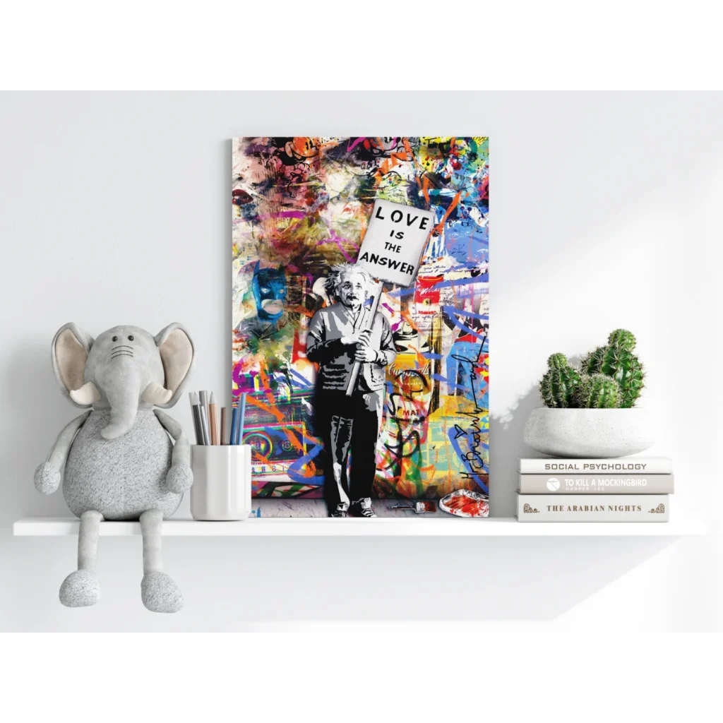 Vibrant graffiti Einstein canvas print with love is the answer sign