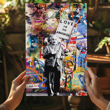 Vibrant Einstein graffiti canvas print: Love is the answer poster