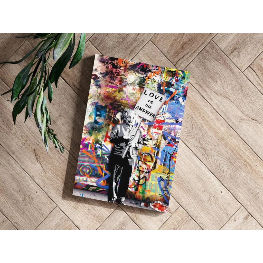 Vibrant graffiti canvas print of Einstein holding Love Is The Answer sign