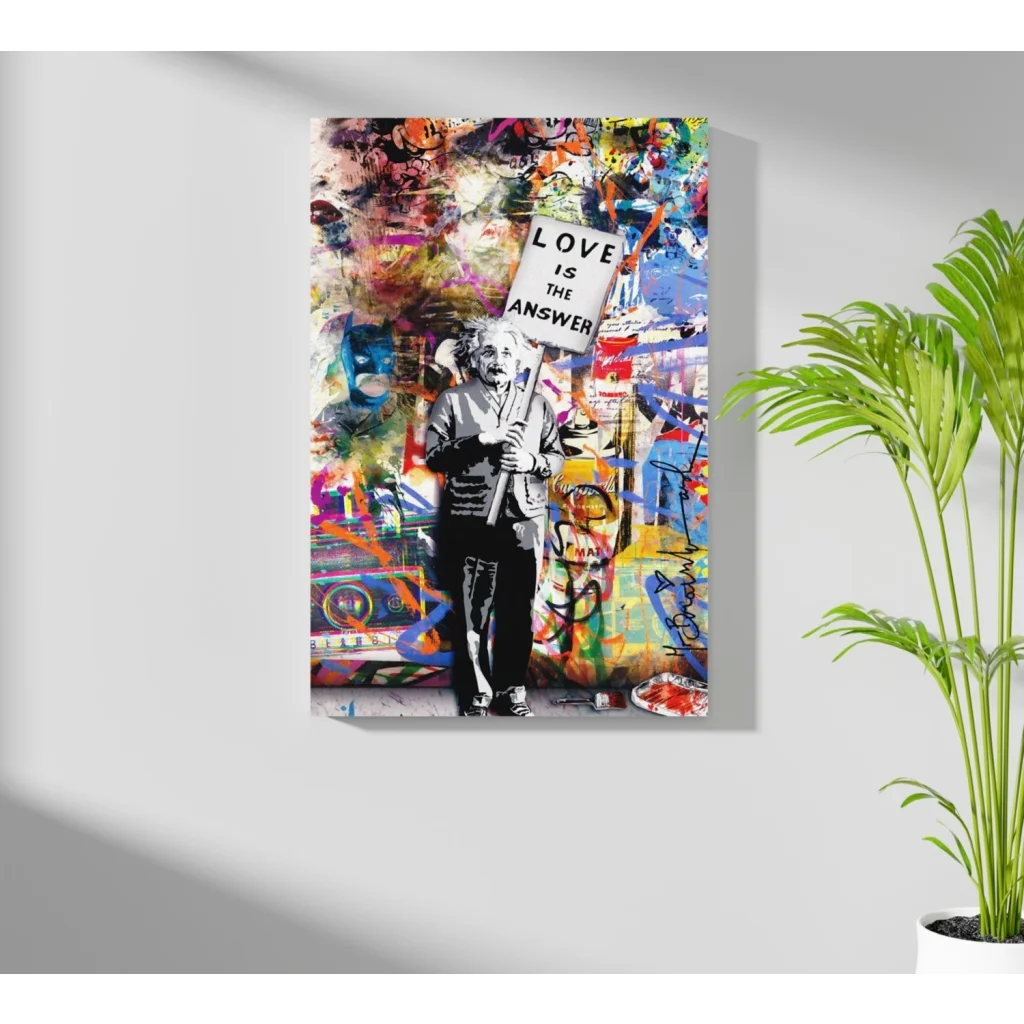 Vibrant graffiti Einstein canvas print: Love is the answer sign