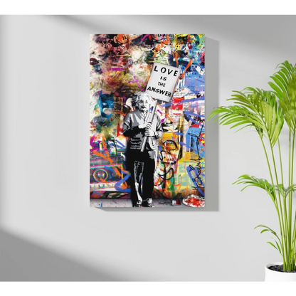 Vibrant graffiti Einstein canvas print: Love is the answer sign