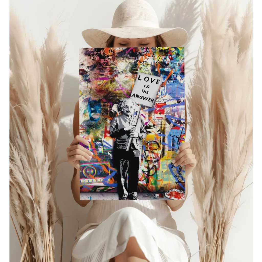Vibrant graffiti Einstein canvas print with love is the answer sign