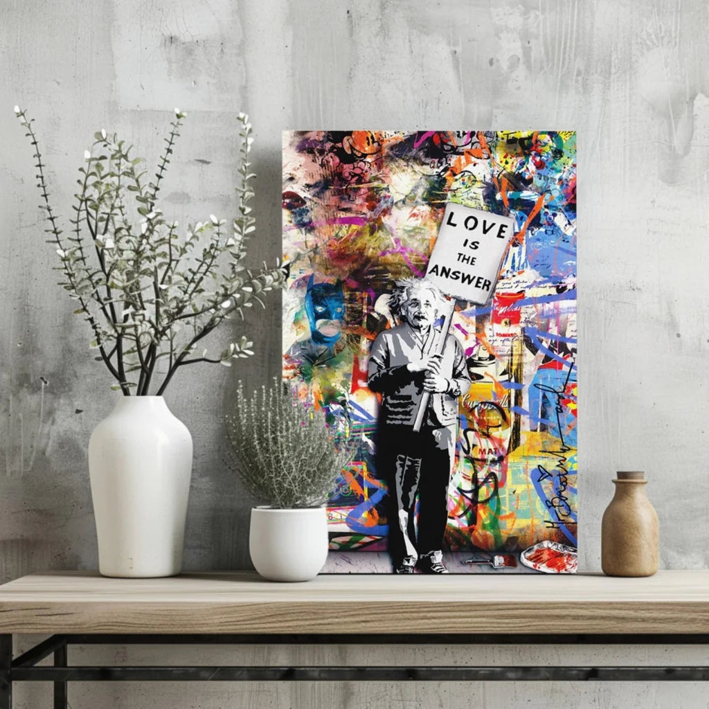 Vibrant graffiti Einstein canvas print: Love is the answer sign