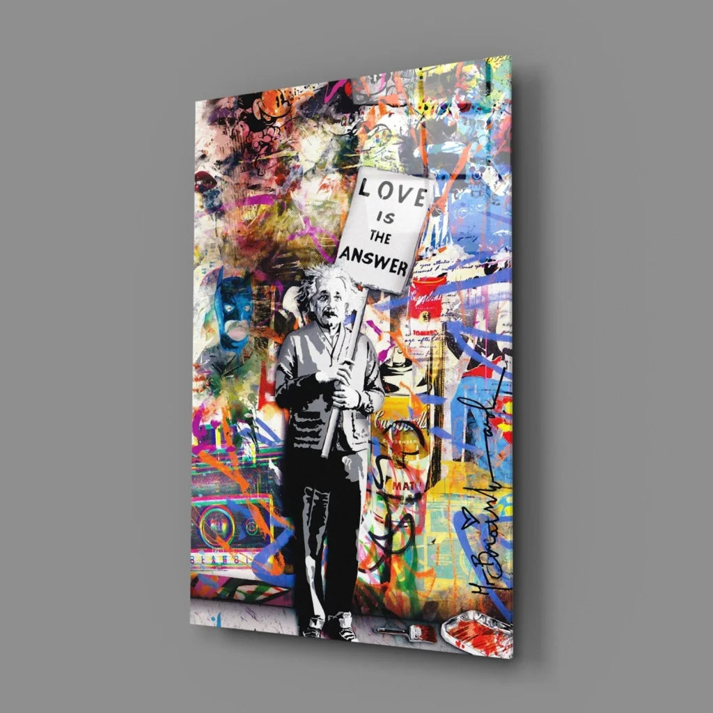 Vibrant graffiti Einstein wall art canvas print with love is the answer sign