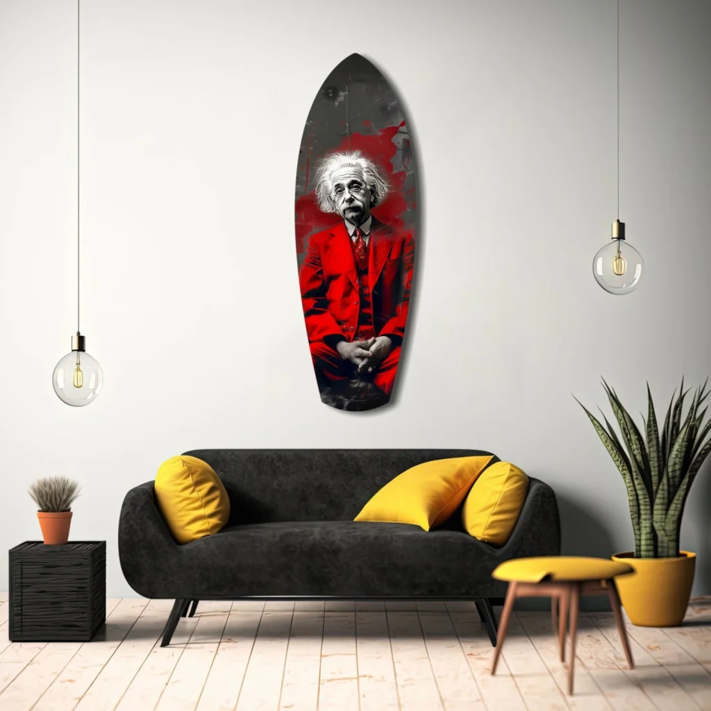 Bold red Einstein portrait on surfboard tempered glass art