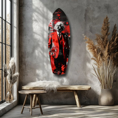 Bold red and black tempered glass art of Einstein surfboard portrait