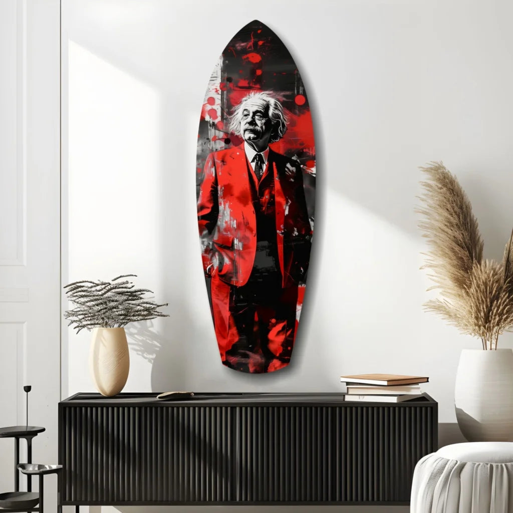 Bold red black Einstein tempered glass art surfboard wall decor