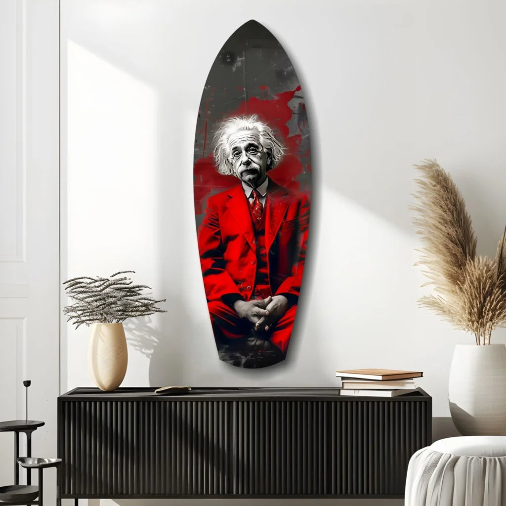Bold red Einstein portrait on surfboard tempered glass art