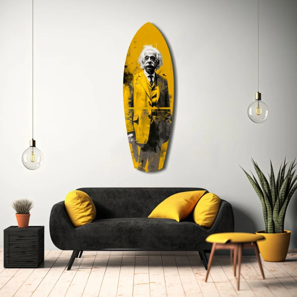 Bold yellow Einstein surfboard tempered glass art portrait
